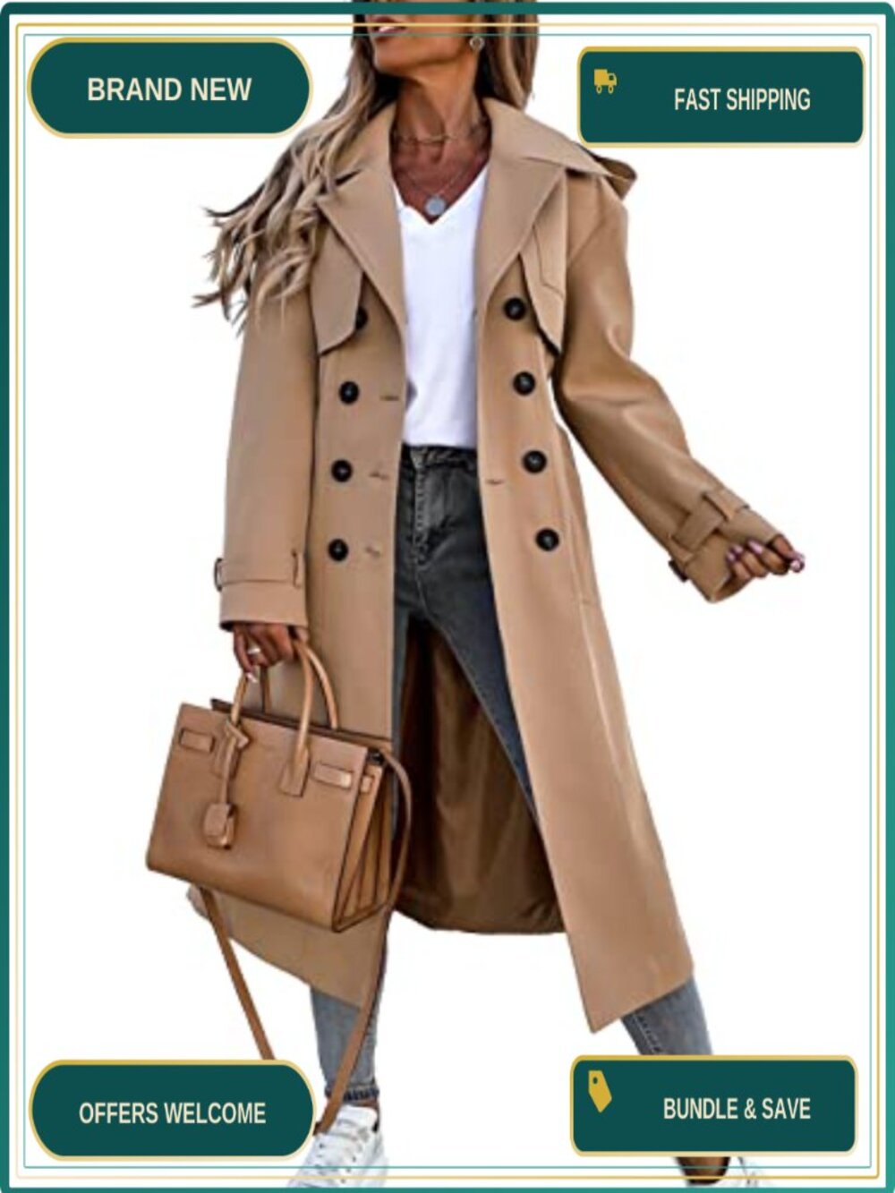 Womens Long Trench Coat Double Breasted Windproof Classic Overcoat